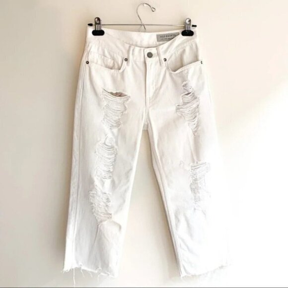 All Saints White Jeans Ivy Destroy Boy Distressed Straight Leg Denim high rise - Picture 5 of 16